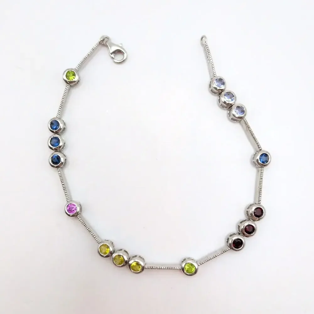 Sterling Silver 925 Multi-Color Bezel Gemstone Bar Link Bracelet 7.12in 5.41g
